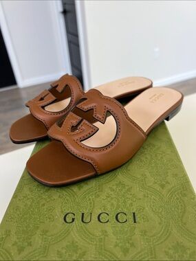 Gucci interlocking g logo cutout open toe brown leather slide sandals 36.5